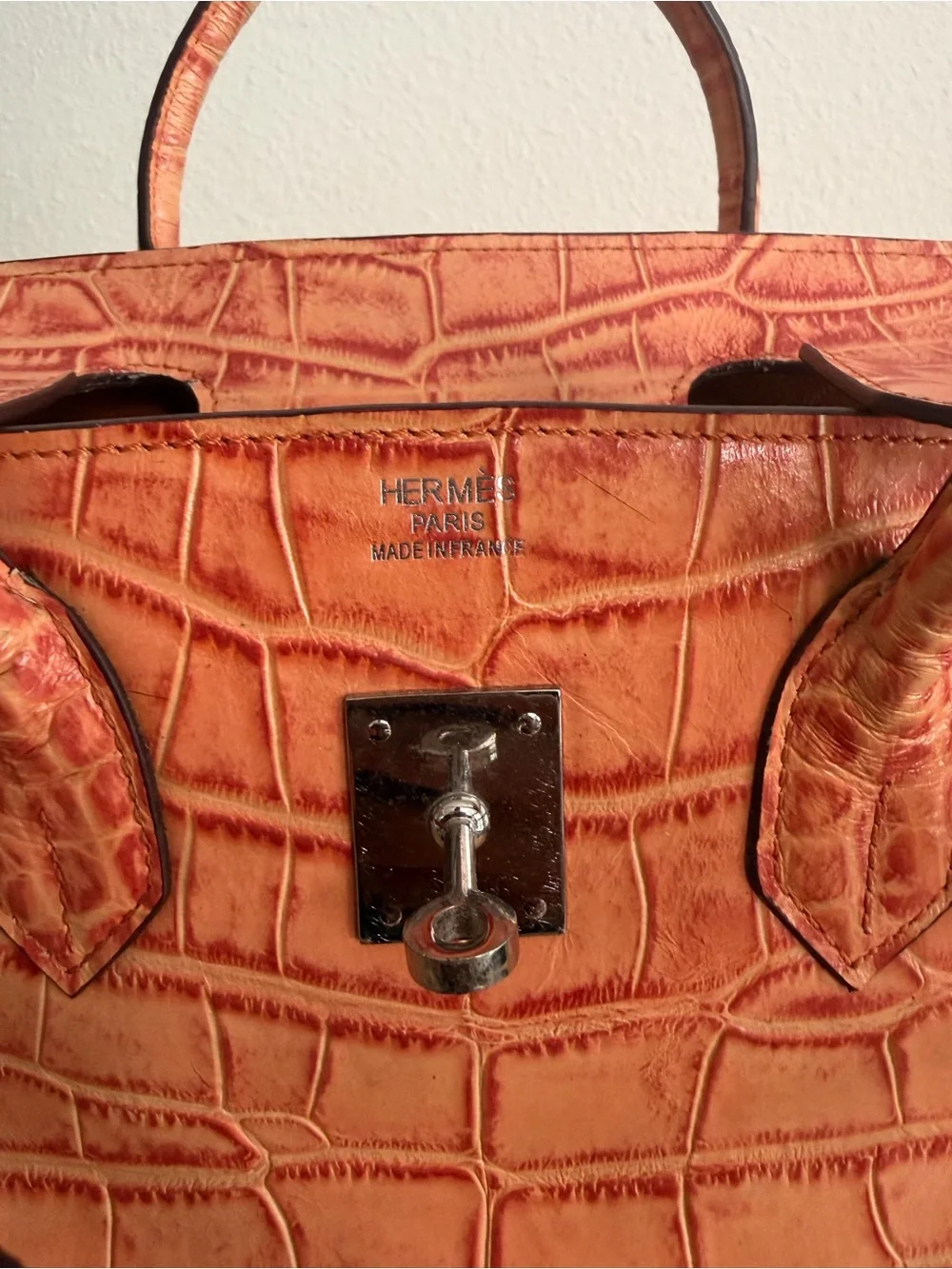 H Birkin 35 embossed croc tangerine orange PHW PLK vintage
